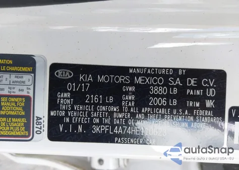 2017 Kia Forte S z USA, uszkodzony, nr VIN 3KPFL4A74HE110623